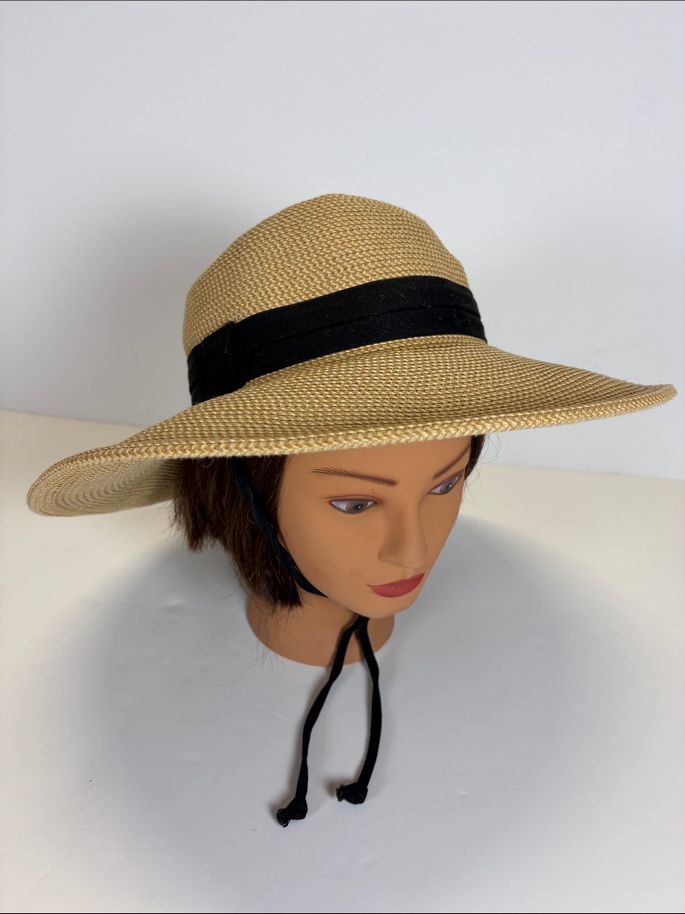 Solar Escape Wide Brim Straw Sun Hat Tan Black Ribbon One Size